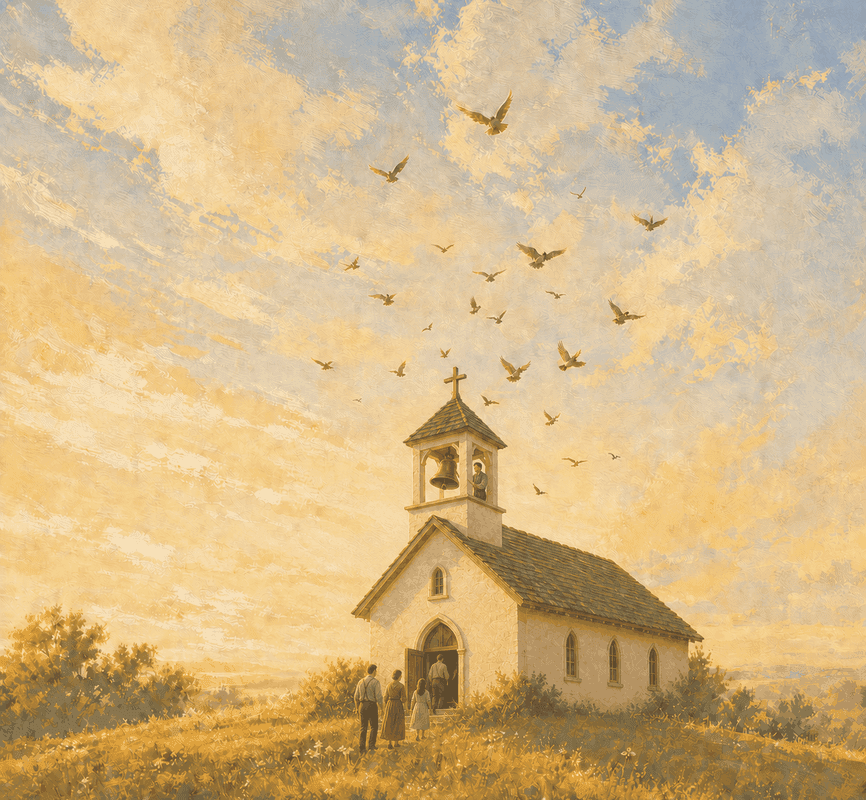 Painted country church at golden hour with birds circling the bell tower